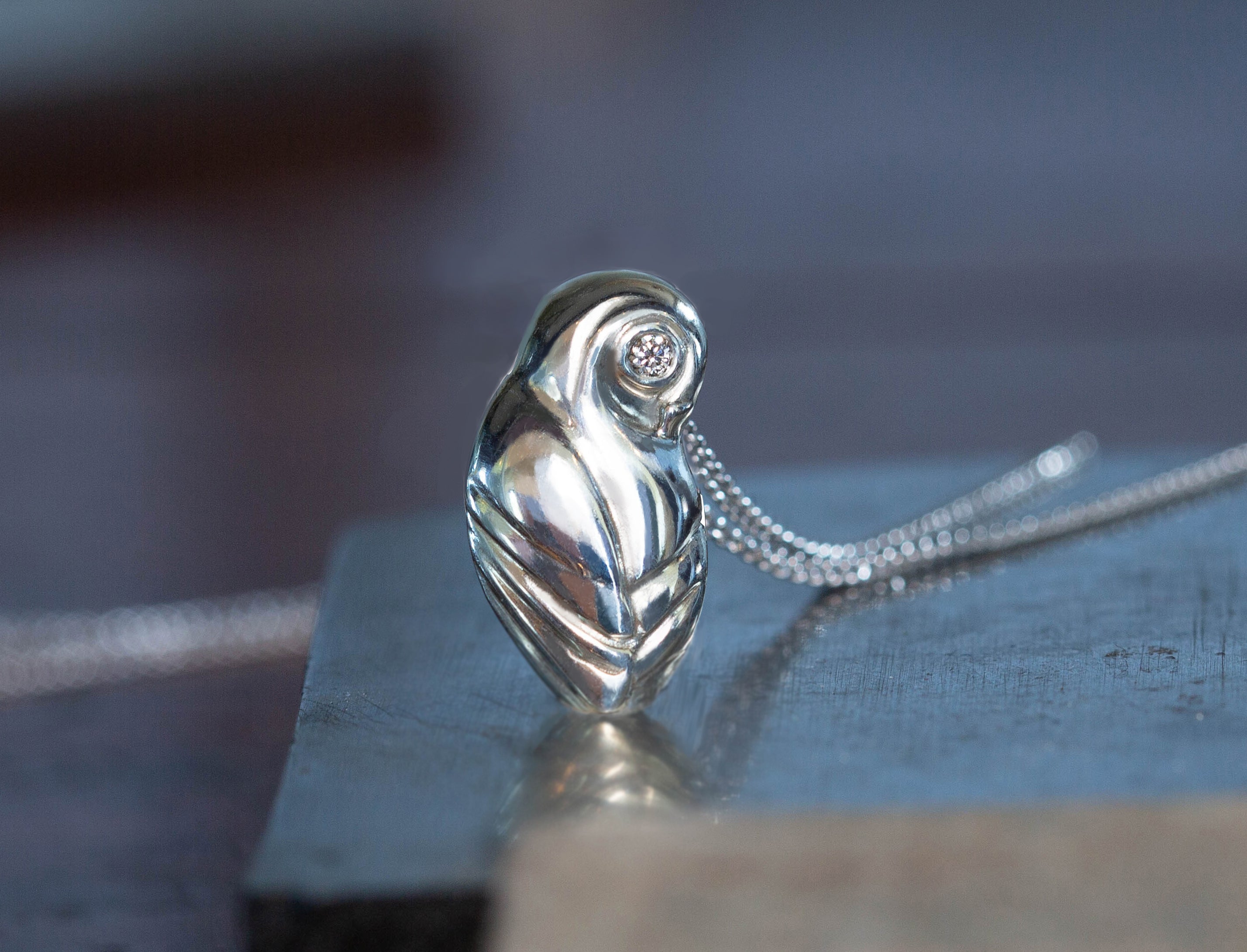 Wise Owl Pendant - Silver and Diamond