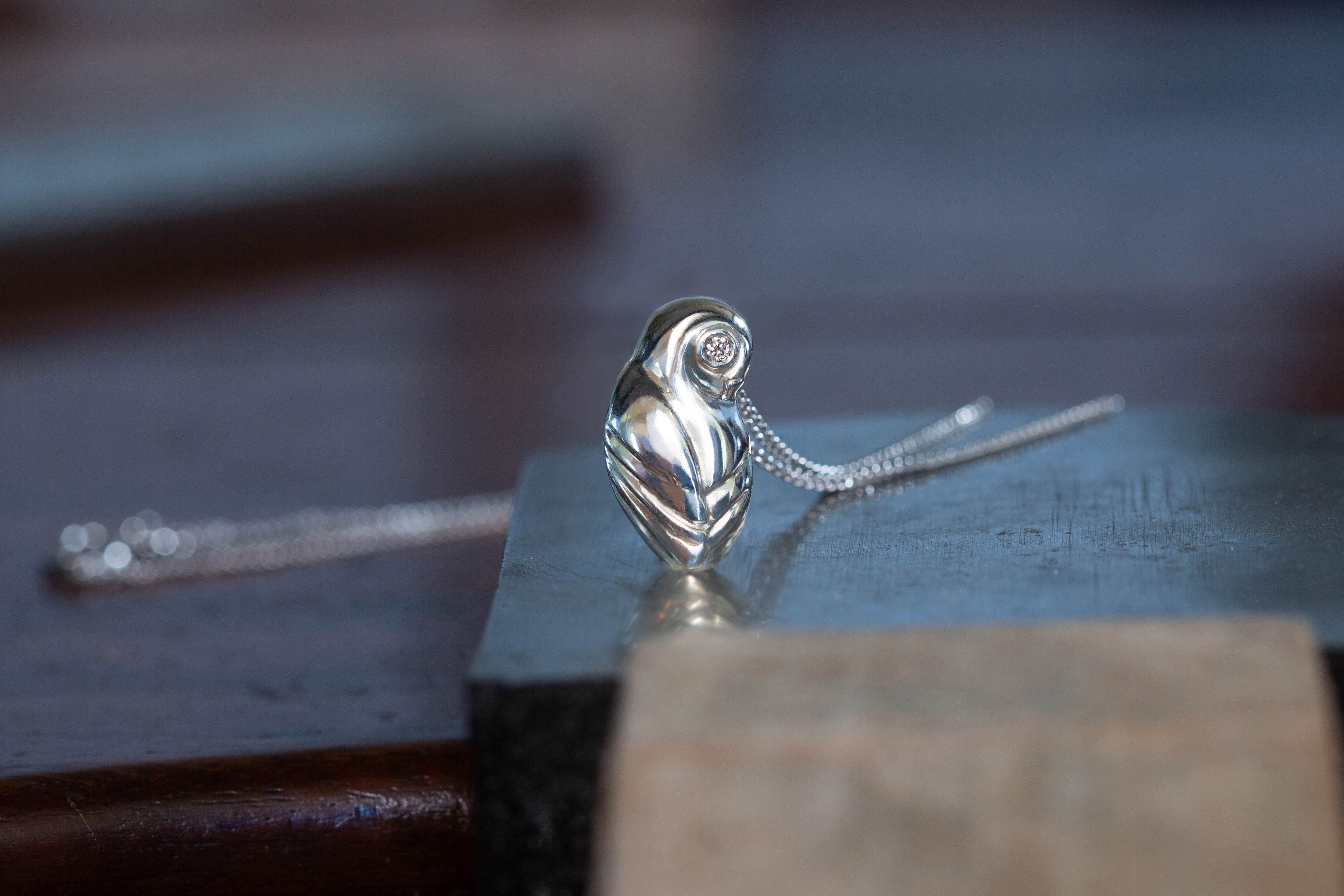 Wise Owl Pendant - Silver and Diamond